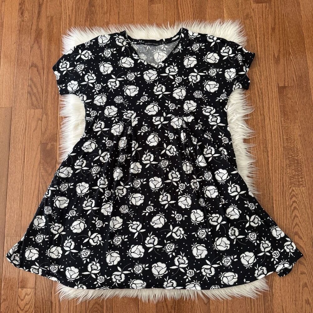 Gudrun Sjoden Floral Dress Women’s Large Black White Short Sleeve Pockets Flowy